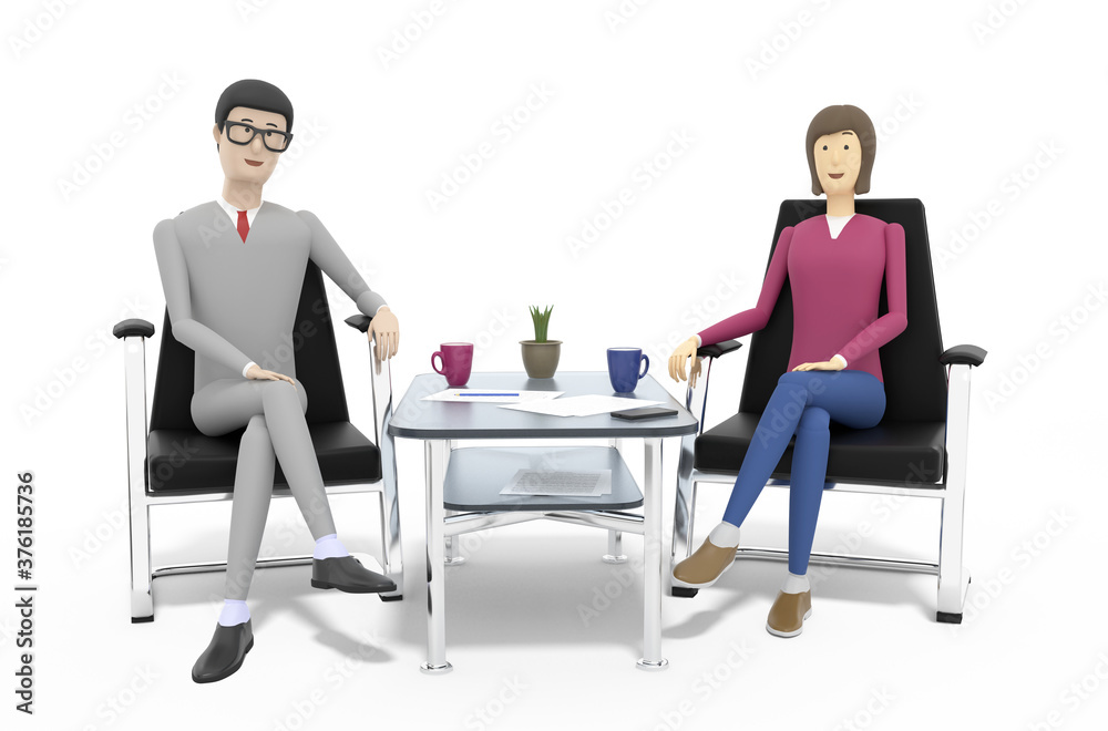 Businessman and businesswoman sit in armchairs near the glass coffee table. White background. 3d illustration Businessman and businesswoman sit in armchairs near the glass coffee table. White background. 3d illustration