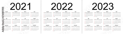 Simple calendar Layout for 2021, 2022 and 2023 years. Week starts from Sunday. Isolated vector illustration on white background.