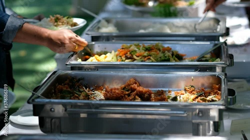 buffet food, catering food party at restaurant, mini canapes, snacks and appetizers
