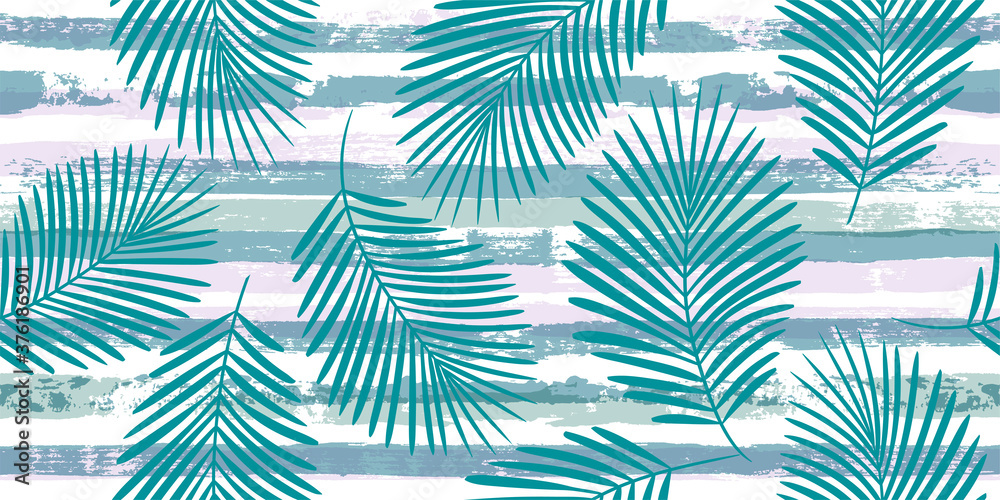 Tropical pattern, palm leaves seamless vector floral background. Exotic plant on pastel stripes print illustration. Summer nature jungle print. Leaves of palm tree on paint lines. ink brush strokes