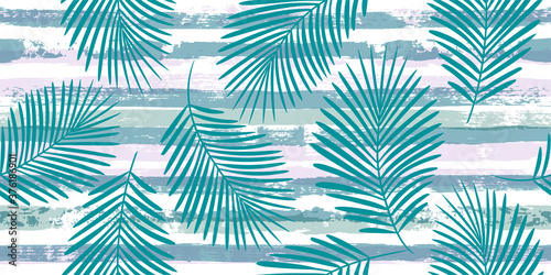 Tropical pattern  palm leaves seamless vector floral background. Exotic plant on pastel stripes print illustration. Summer nature jungle print. Leaves of palm tree on paint lines. ink brush strokes