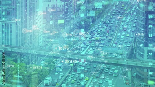 Digital smart city transportation control and tracking, AR augmented reality technology car vehicle tracking cloud data computing. Future technology futuristic data analyze graphic. photo