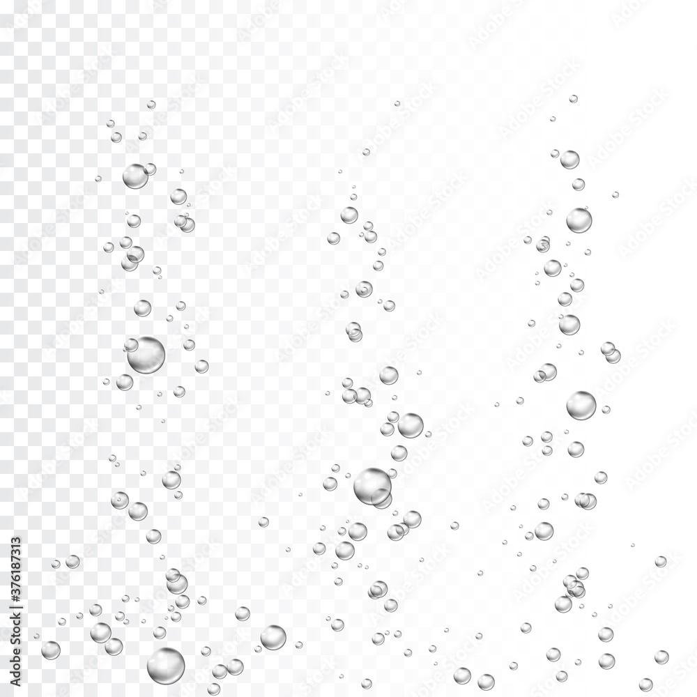 Air bubbles stream. Soapy bubbles. Realistic water drops. Vector