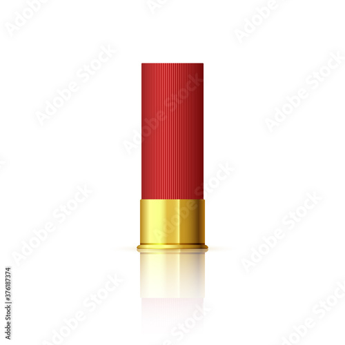 Explosive cartridge for shotgun. Red realistic cartridge with reflection isolated on white. Vector
