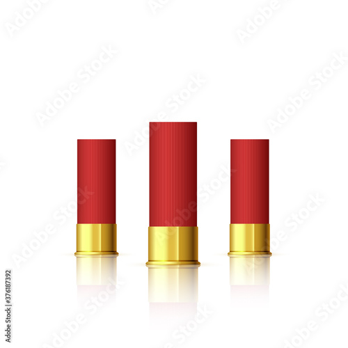Set of cartridge for shotgun. Red realistic cartridge with reflection isolated on white. Vector