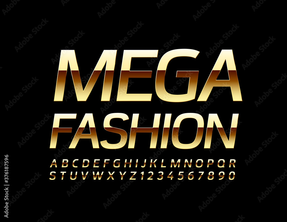 Vector chic banne Mega Fashion. Golden elegant Font. Decorative style Alphabet Letters and Numbers
