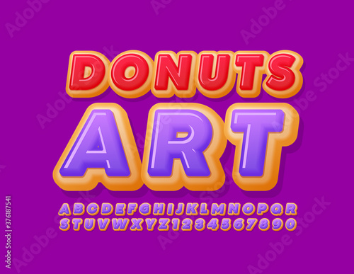 Vector tasty emblem Donuts Art. Delicious glazed Font. Sweet violet cake Alphabet Letters and Numbers