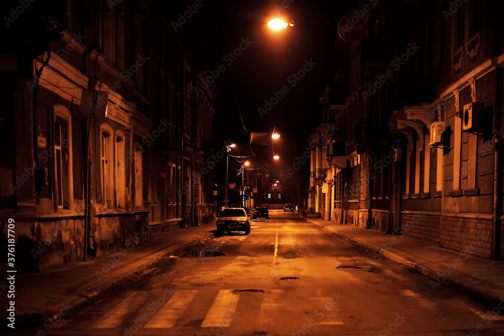 Small street in Ternopil town in Ukraine at night