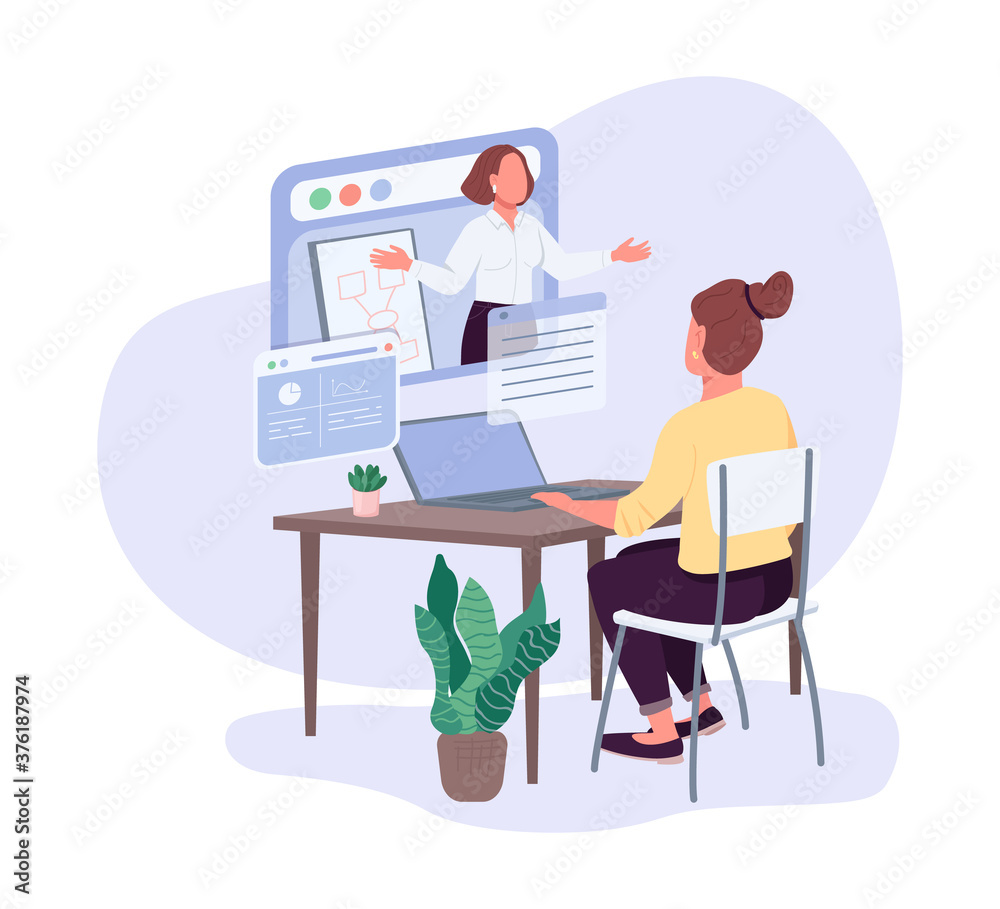 Female entrepreneurs business courses flat color vector faceless character. Professional development opportunities. Leadership lesson isolated cartoon illustration for web graphic design and animation