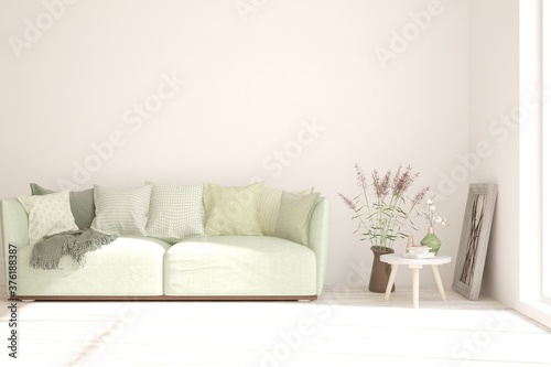 White living room with sofa. Scandinavian interior design. 3D illustration