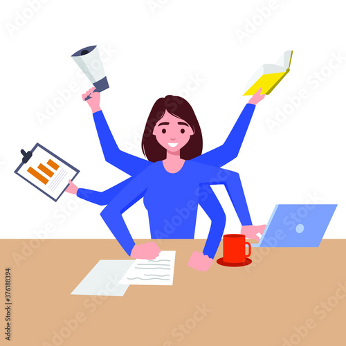 Business stress and multitasking. Flat vector concept isolated illustration. Busy businesswoman in the office works in a few hands. Professional manager sitting in the meditation