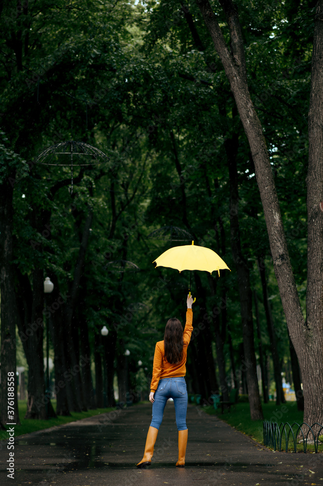 Woman with umbrella, back view, rain in park