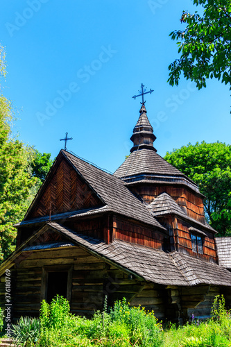 Ancient wooden orthodox church of St. Nicolas in Pyrohiv (Pirogovo) village near Kiev, Ukraine