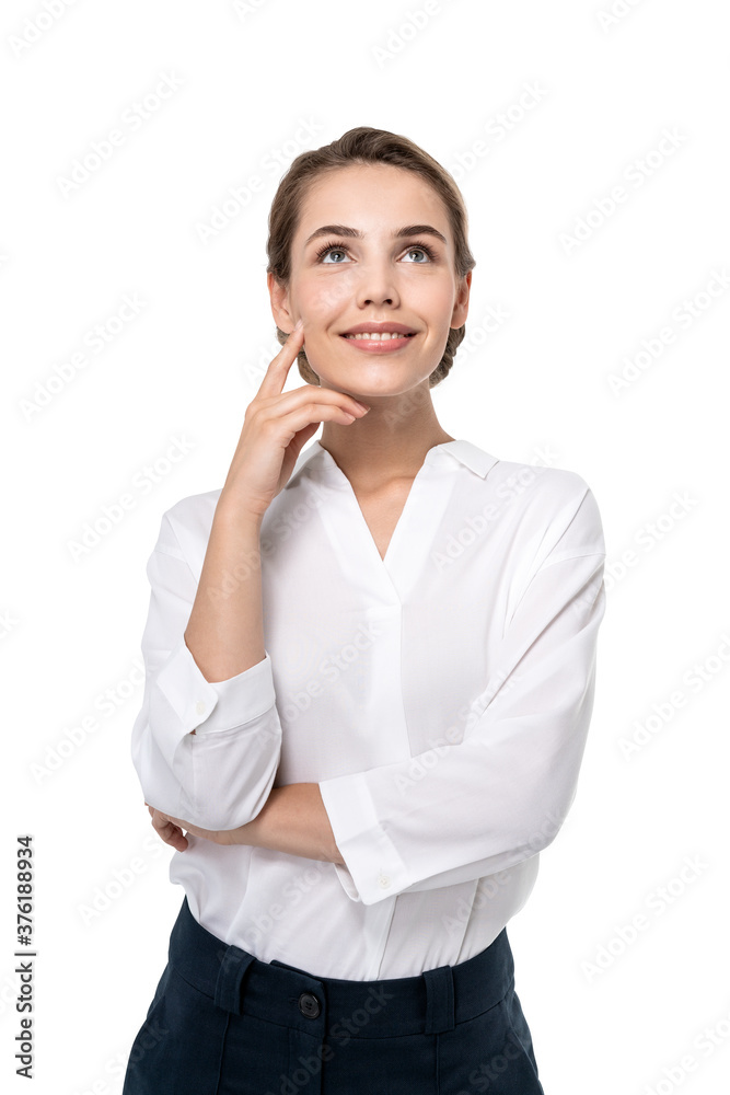 Smiling thoughtful young businesswoman, isolated Smiling thoughtful young businesswoman, isolated