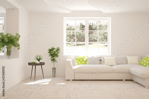 White living room with sofa. Scandinavian interior design. 3D illustration