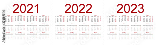 Set of russian 2021, 2022, 2023 year vector calendars. Week starts from Monday. Isolated vector illustration on white background.