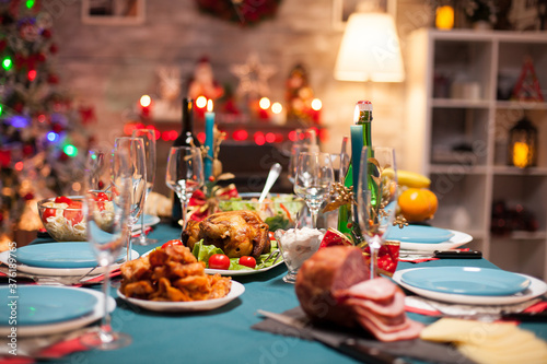 Delicious roasted chicken on the table for christmas celebration.