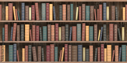Vintage books on old wooden shelf. Old library or antique bookshop. Tiled seamless texture, wallpaper or background.
