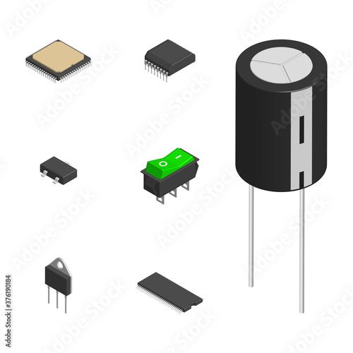 Set of different 3D electronic components, vector illustration.