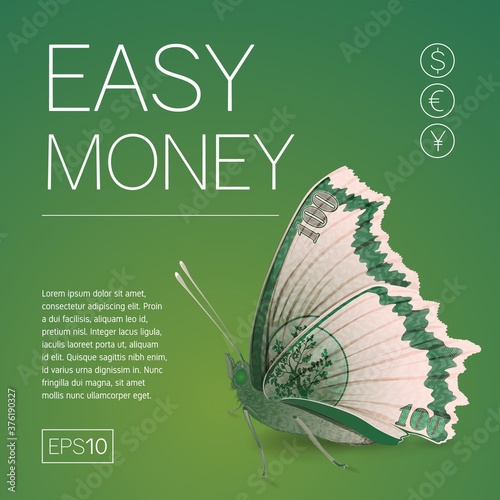  Easy money. Creative minimalistic idea. Square banner with butterfly banknote. Flyer to attract investment.