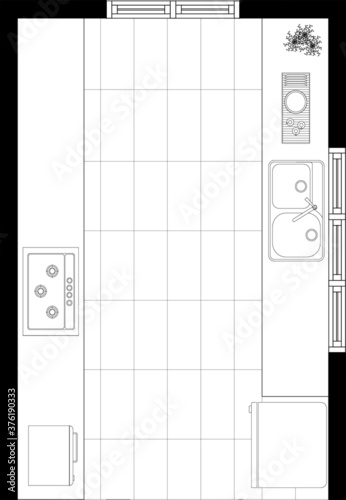An Image of kitchen plan layout in 2D architectural drawing. Kitchen cabinets and basic kitchen equipment are well arranged. Drawing in black and white. 