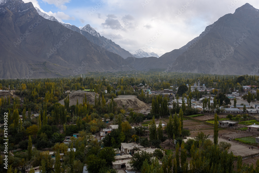 Autumn view of the Skardu valley, Gilgit-Baltistan, Pakistan. Karakoram mountain range in the background