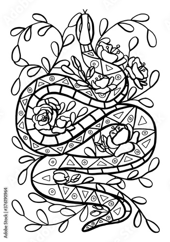 Outline vector illustration of snake   serpent in flowers and leaves for anti-stress coloring book or tattoo isolated on a white background. Coloring page for adults and children  zen tangle  doodle