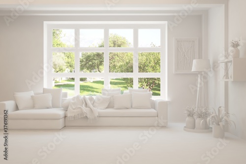 White living room with sofa and summer landscape in window. Scandinavian interior design. 3D illustration