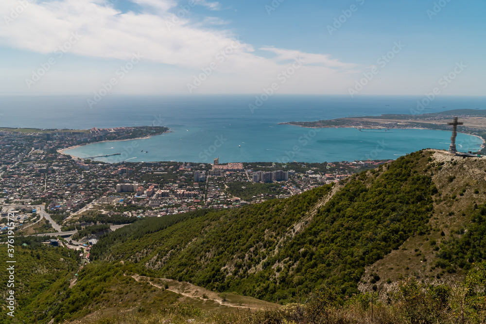 View of Gelendzhik Bay from the height of the Markhotsky ridge in summer. View of Gelendzhik Bay from the height of the Markhotsky ridge in summer.