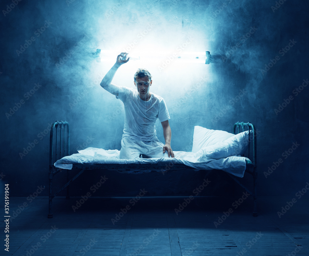 Psycho man in bed, insomnia, disorder, psychedelic Psycho man in bed, insomnia, disorder, psychedelic