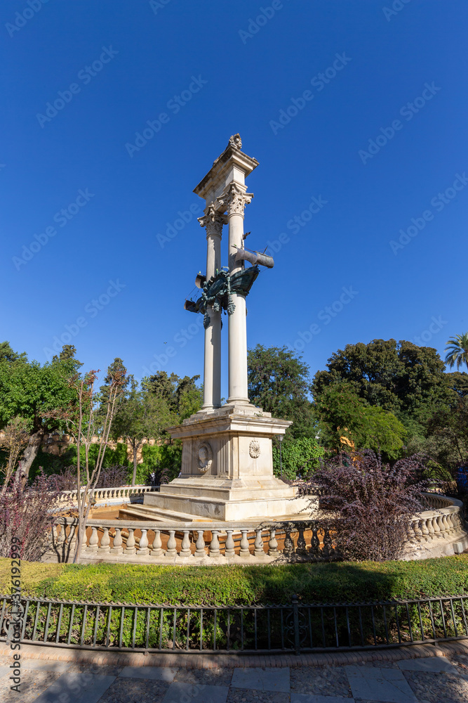 Christopher Columbus monument in the Jardines de Murillo in Seville, Andalucia, Spain.