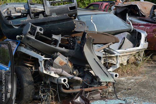 Chiang Mai, Thailand - September 5, 2020. Dirty and wreck cars at the car cemetery.