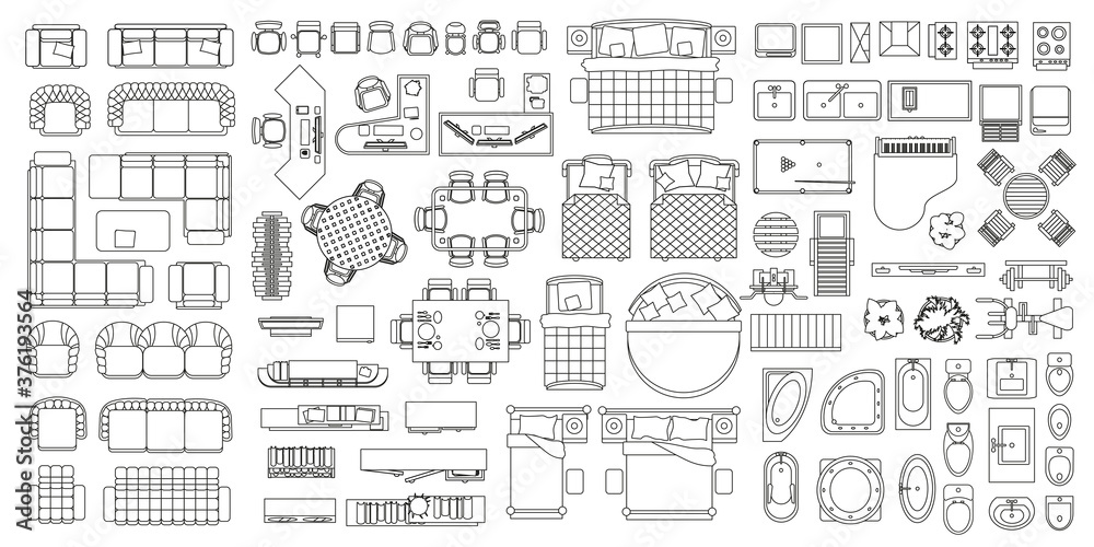 Set of linear icons. Interior top view. Isolated Vector Illustration. Furniture and elements for living room, bedroom, bathroom, kitchen. Floor plan (view from above). Furniture store.