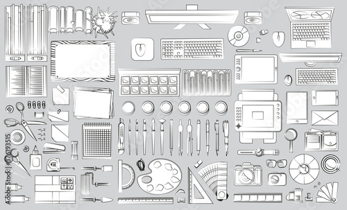 Vector set. Objects for business and art on a office desk. Top view.
Workspace creator, artist, designer, businessman.
Computer hardware and gadgets. Paints and stationery. Paper and desktop objects.