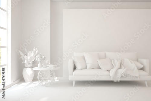 Fototapeta Naklejka Na Ścianę i Meble -  White minimalist living room with sofa. Scandinavian interior design. 3D illustration