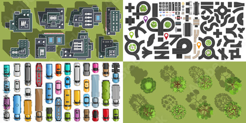 Set of landscape elements. Roofs of buildings, cars, trees, road elements. Top view. Houses, highway, different transport, trees with realistic shadow. View from above. 