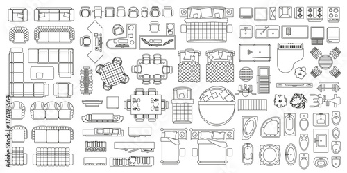 Set of linear icons. Interior top view. Isolated Vector Illustration. Furniture and elements for living room, bedroom, bathroom, kitchen. Floor plan (view from above). Furniture store.