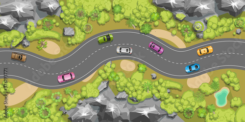 Mountain landscape with road. (Top view) Mountains, hills, trees, road. (View from above) 
