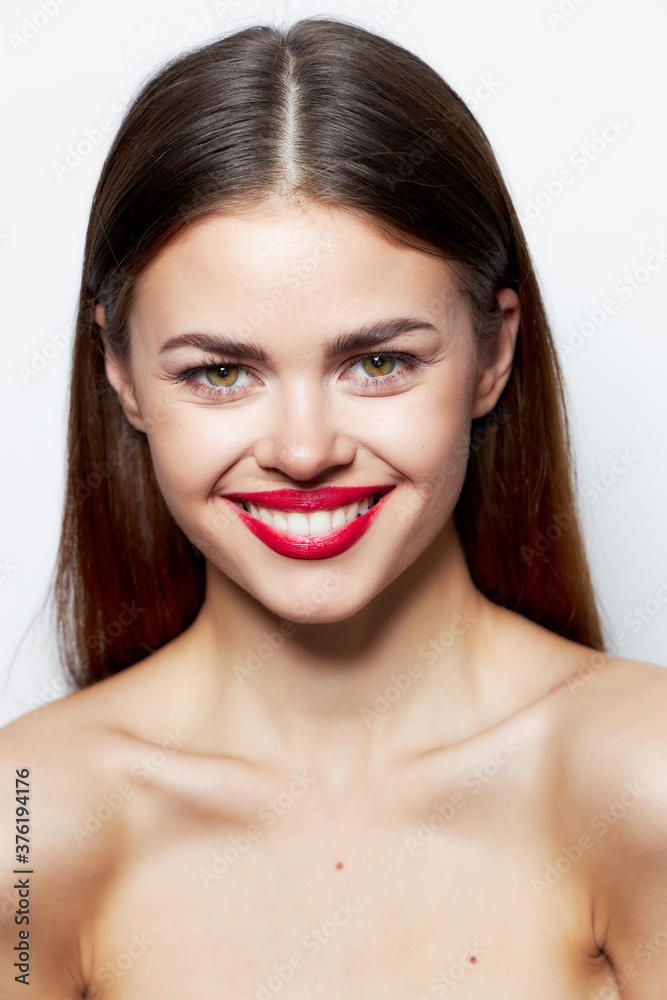 Woman bare shoulders Smile red lips spa treatments fun Woman bare shoulders Smile red lips spa treatments fun