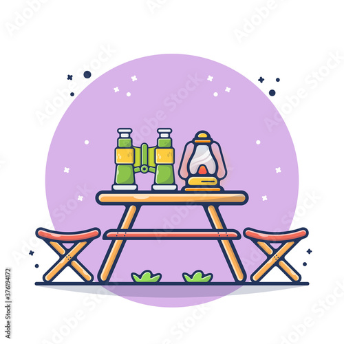 Wooden Table With Binocular and Lamp Vector Illustration. Chill, Relax, Wood, Table, Nature.  Flat Cartoon Style Suitable for Sticker, Wallpaper, Icon, Landing Page, Web.