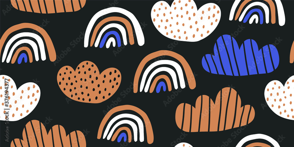 Cute vector seamless pattern with clouds, rainbows isolated on dark. Scandinavian minimalistic design for kids clothing, textile, nursery decor