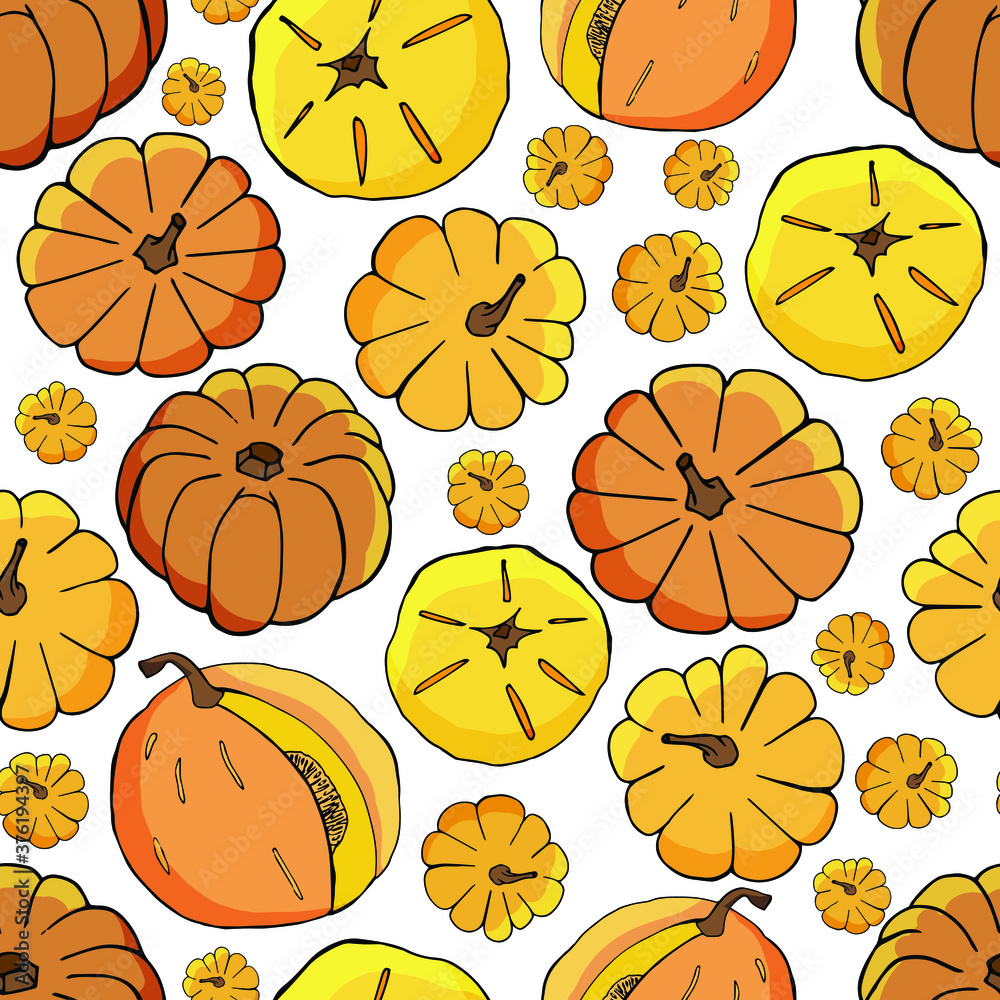 vector seamless pattern with vegetables. background with pumpkin. for packaging, menu and fabric design. vegetarian and vegan style.