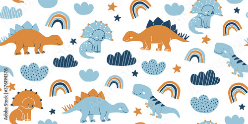 Cute vector seamless pattern with dinosaurs  stars  clouds  rainbows on white background. Dino pattern for kids textile  clothing  fabrics. Scandinavian pattern in hand drawn doodle style