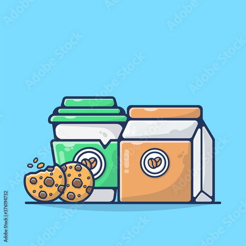 Hot Coffee wiht Cookies and Coffee Pouch Vector Illustration. Breakfast Time, Breakfast Menu in Morning.  Flat Cartoon Style Suitable for Sticker, Wallpaper, Icon, etc.