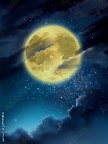 Fototapeta Naklejka Na Ścianę i Meble -  yellow full moon with cloud in night sky