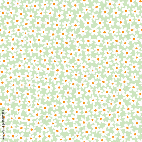 Vector green pastel compact fun daisy flowers repeat pattern with orange center. Suitable for textile, gift wrap and wallpaper.