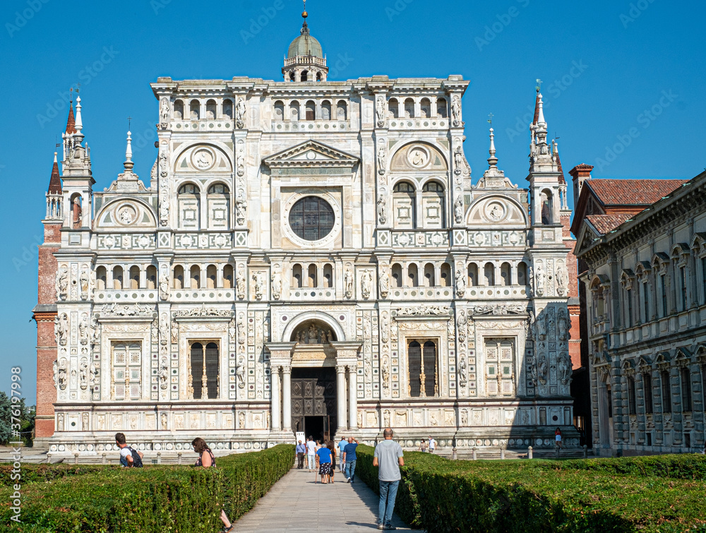 Facade of the church of Certosa di Pavia, Italy. In white Carrara marble.