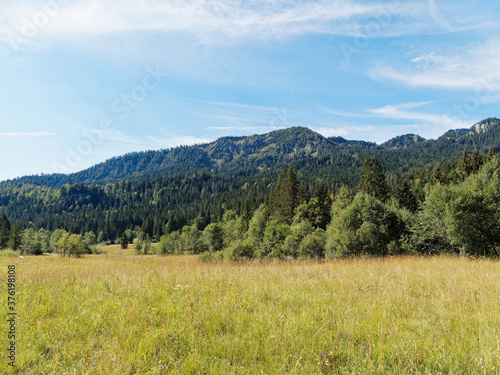 Bayerische Landschaft. Enterrottach zum Suttensee durch das idyllische Rottachtal. Tolle Ausblicke in die unber  hrte Natur und Mangfallgebirge