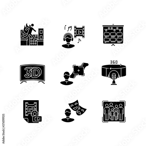 Film making black glyph icons set on white space. Visual development for movie. Special effect for cinematography and animation. Stuntman for film. Silhouette symbols. Vector isolated illustration