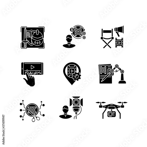 Film making process black glyph icons set on white space. Theatrical prop for historical drama. Producer for movie project. AI written screenplay. Silhouette symbols. Vector isolated illustration